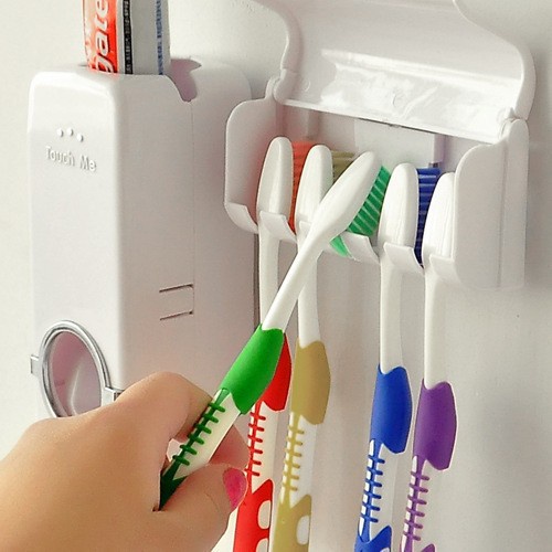 foreveryoung.co.id Set Rak Kamar Mandi Toothpaste Penjepit Brush Holder Organizer / Dispenser Odol Tempat Sikat Gigi