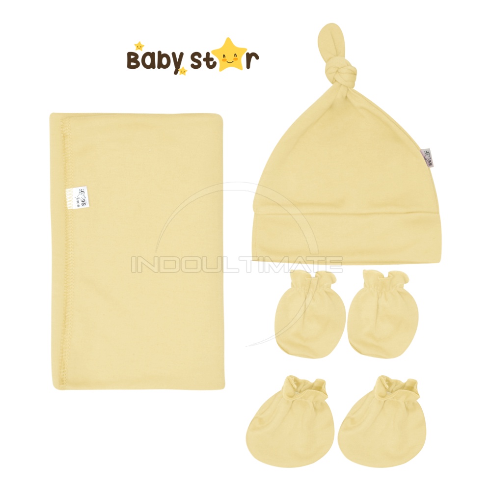 4in1 BABY STAR Bedong Bayi + Topi Kupluk Bayi + Sarung Tangan Kaki Bayi Perlengkapan Bayi Baru Lahir Kain Selimut Bayi Kain Bedongan bayi Alas Tidur Bayi Selimut Tidur Bayi Baby Hat Topi Kuncir Bayi Perlengkapan Baby Newborn Hampers BCS-2287