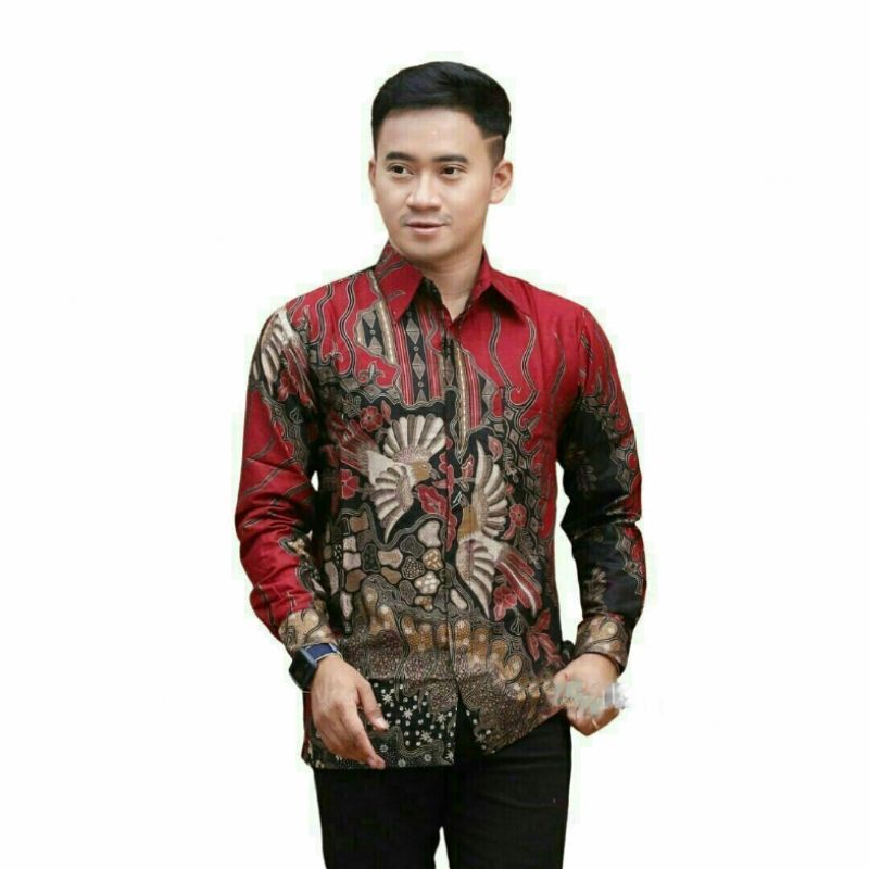 Baju Batik Pria Slimfit Lengan Panjang Merah Series Seragam Kerja Kantor Pria TjGrup Batik Jumbo