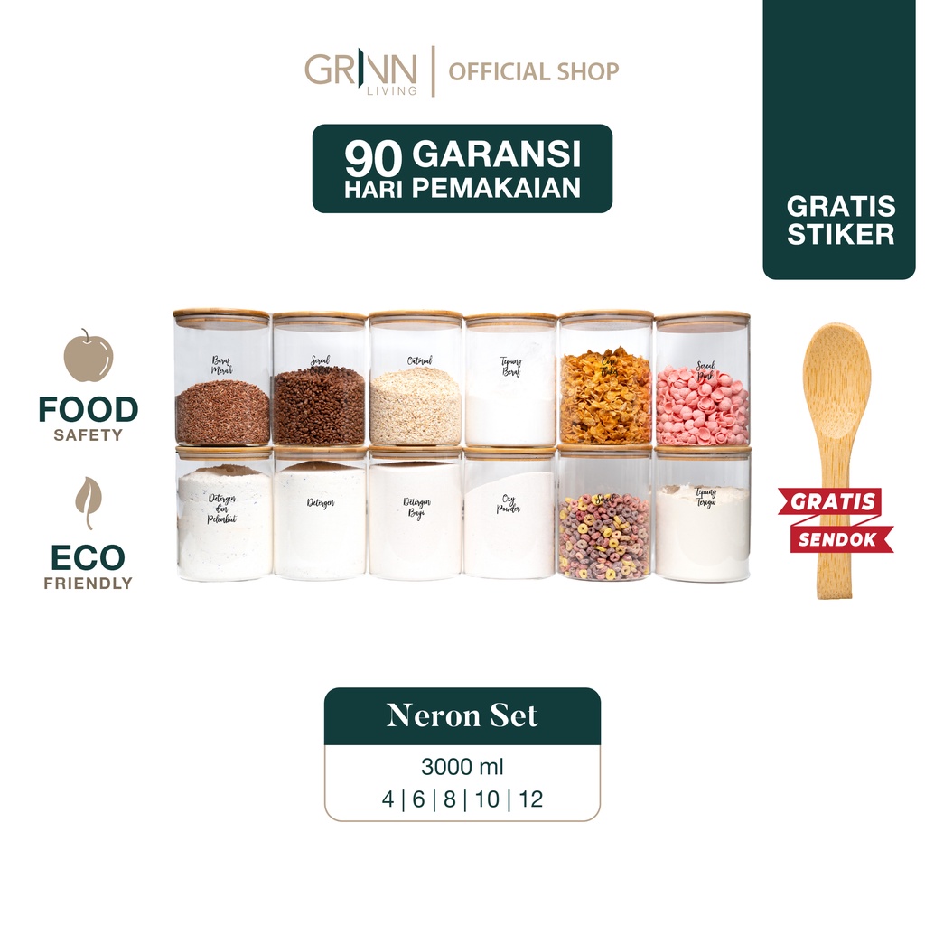 GRINN LIVING  SET PAKET Neron glass Bamboo jar 3000 ml toples tutup bambu kayu / tempat beras