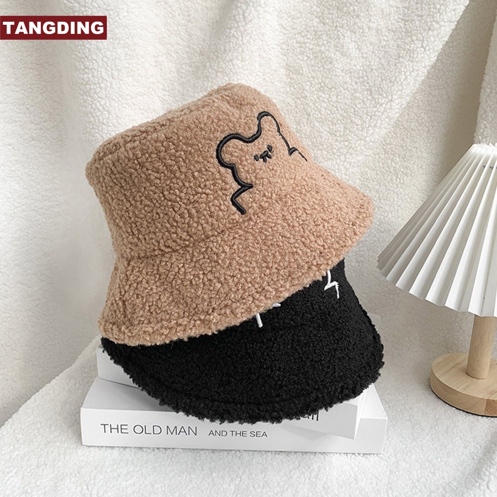 [COD Tangding] Topi Nelayan Beruang Lucu Sederhana Wanita Perempuan Musim Dingin Hangat Outdoor Plush Basin Cap