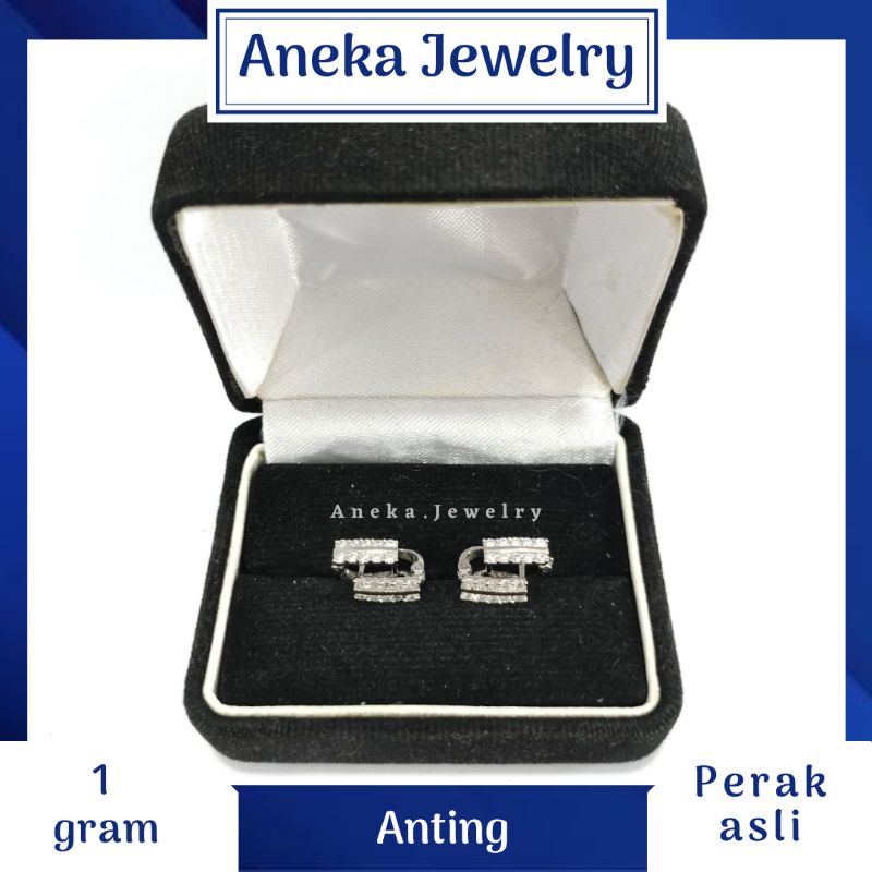 Anting Jepit Mata 2 Baris, Sepuh Emas Putih, Perak 925