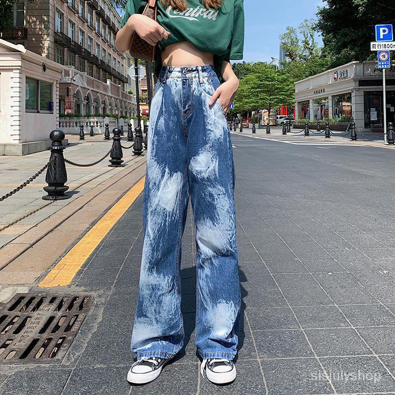 #Sisjuly# Jeans Tie-Dye Wanita Ukuran Besar Pinggang Tinggi Pinggang Lebar Kaki Lurus Celana Sandal