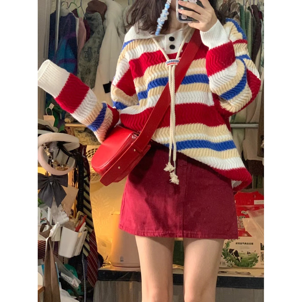 Red Manis garis pelangi Jepang warna kontras polo collar sweater siswa perempuan musim gugur dan musim dingin pakaian rajut Korea baru pasang teratas