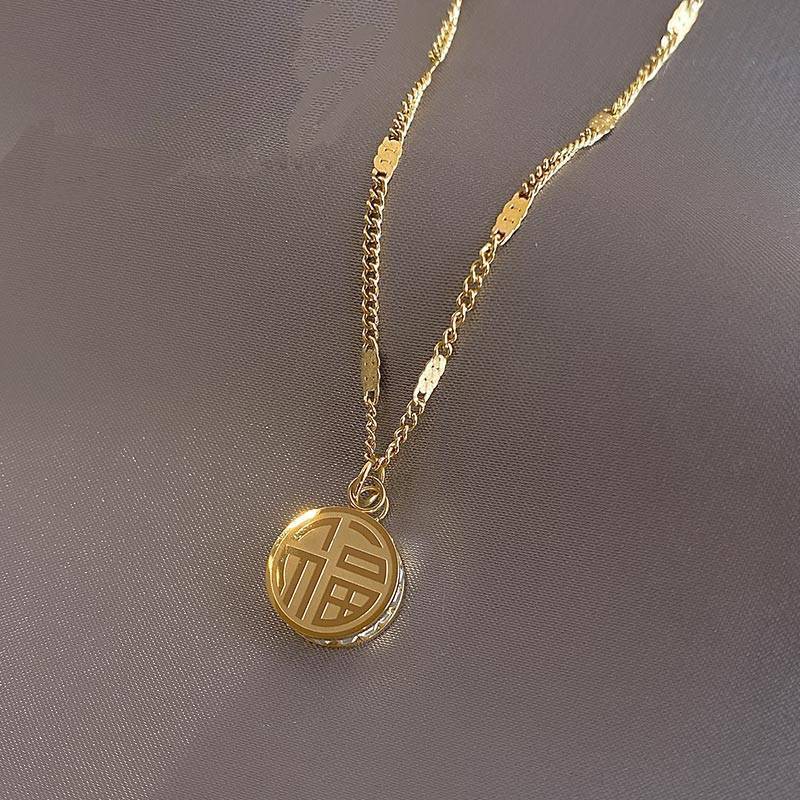 Kalung Dua Sisi Merek Kebahagiaan Gaya China Kalung Liontin Bulat Beruntung Korea