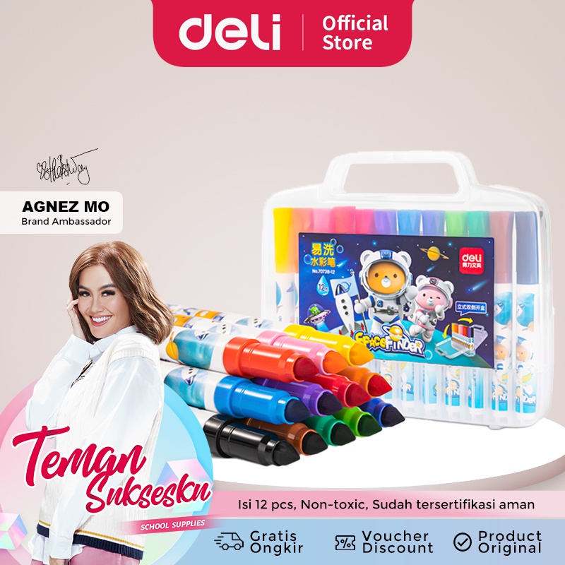 Deli Felt Pen / Spidol Warna isi 12 pcs warna terang mudah di cuci 70738