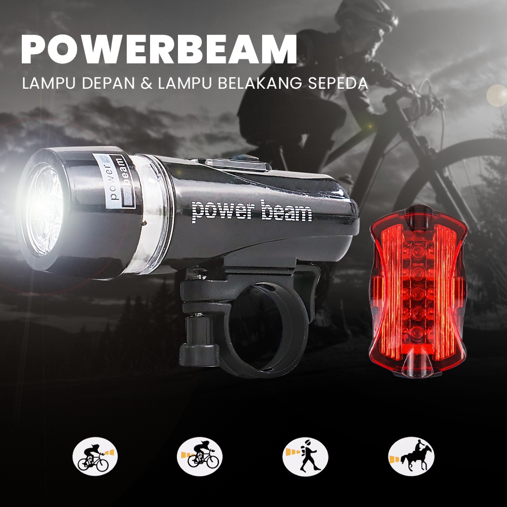 Powerbeam Lampu Depan Sepeda 5 LED &amp;amp; Lampu Belakang - HB-618 - Black