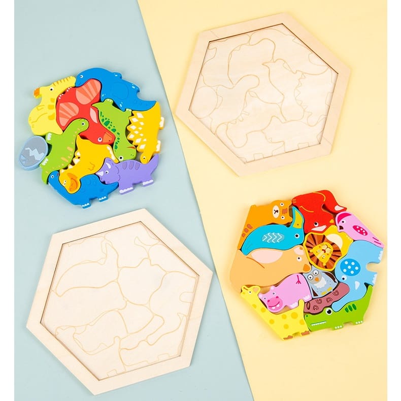 WE Puzzle 3D Hexagon Animal Wooden Montessori Wooden Chunky Hexagon Puzzle Mencocokan Bentuk Karakter