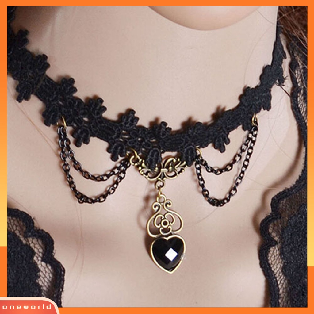 {oneworld} Kalung Colorfast Lace Edge Alloy Kalung Rantai Renda Hitam Untuk Pernikahan