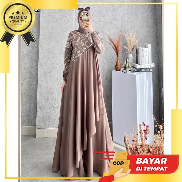 Baju Gamis Wanita Muslim Malika Dress Brukat Fashion Perempuan Dewasa Remaja Cewek Putri Ibu Modern 