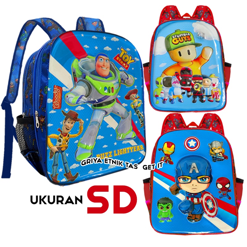 Tas Sekolah Anak Laki laki SD Toys Story Stumble Kapten Amerika Ultraman 3D Timbul Lampu LED