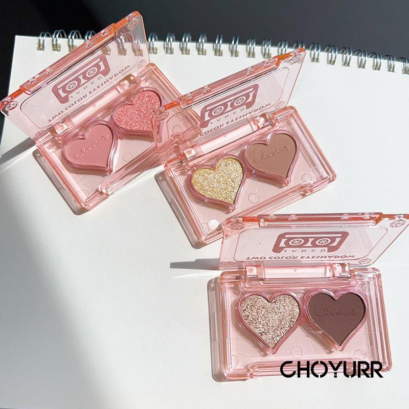 【COD】Eyeshadow Palette 2 Warna Highlighter / Blusher Matte Pearlescent Eye Shadow Hati Glitter Powder Tahan Lama Makeup Berbentuk Portable-CH