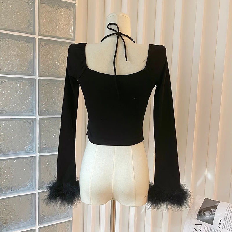 Red Hitam Mewah Lengan Panjang Kemeja Wanita Musim Dingin Keinginan Murni Angin Embun Tulang Selangka Sexy Hot Gadis Slim Slim pendek Top