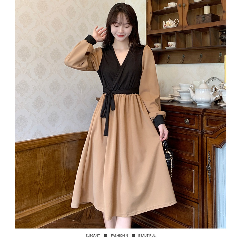 Wanita Midi A-Line gaun V-neck kasual dress Lengan Panjang