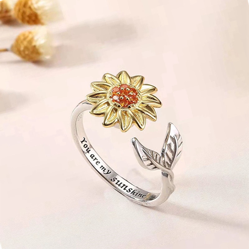 Fidget Anxiety Ring For Women Sunflower Spinner Ring Open Adjustable Fidget Rings For Anxiety Relieve Stress Cubic Zirconia Flower Moon Star Stackable Rings