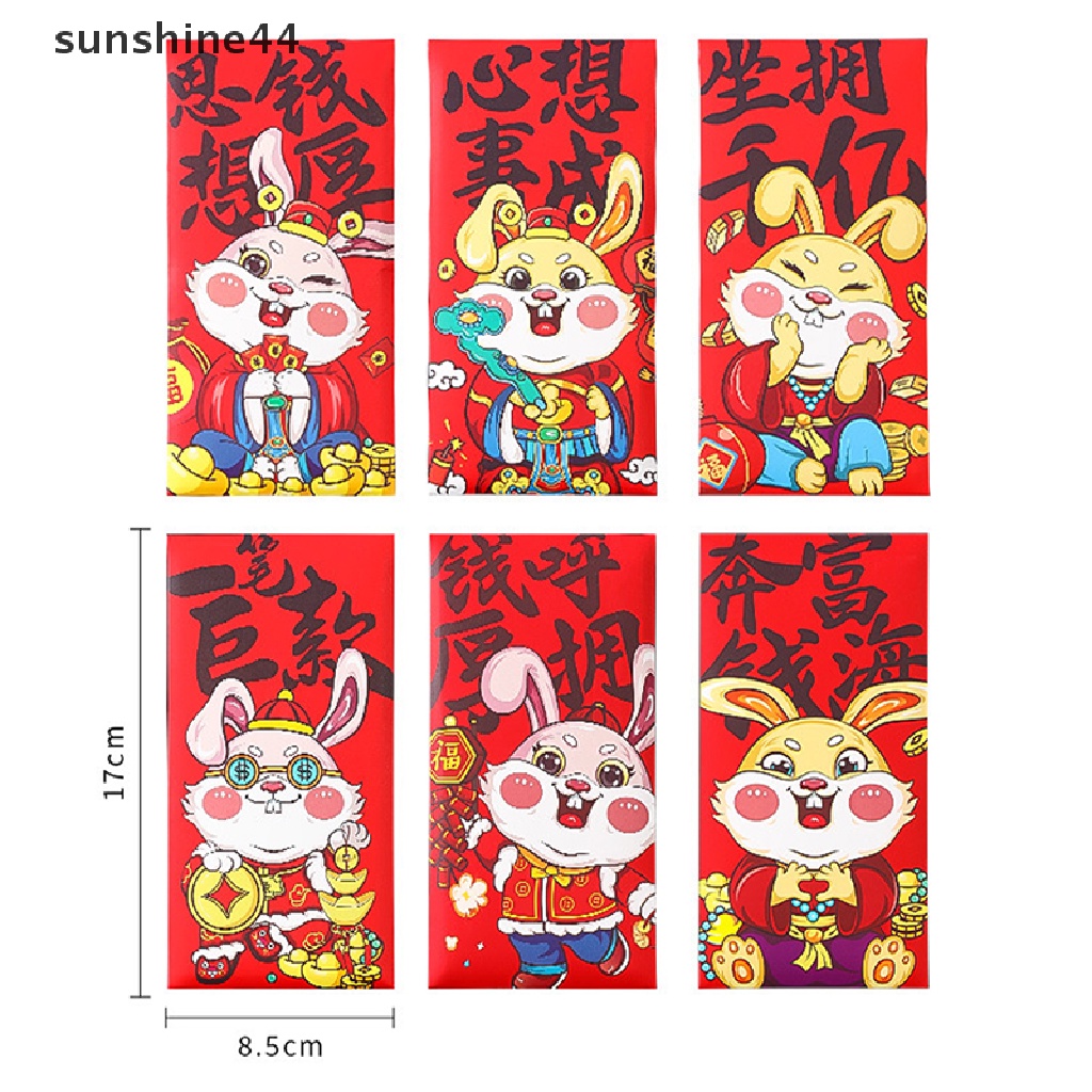Sunshine 6pcs 2023tahun Kelinci Cina Amplop Merah Kartun Anak Hadiah Uang Packing Bag Lucky Red Packets Bag.