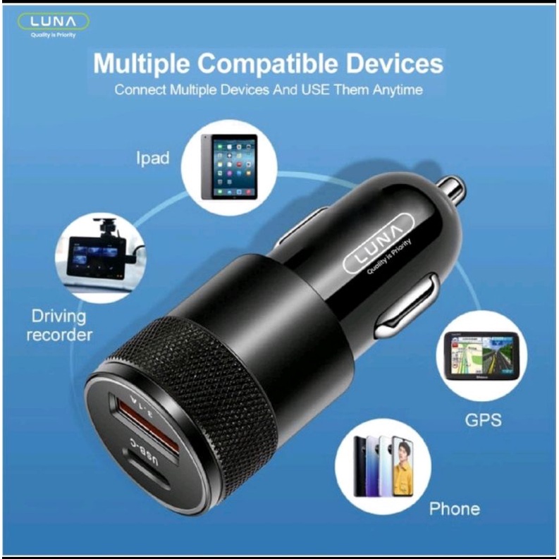 LUNA R1B3 CAR CHARGER COLOKAN MOBIL 2 PORT USB TYPE-C FAST CHARGING PD 36W QC 3.0 QUALCOMM