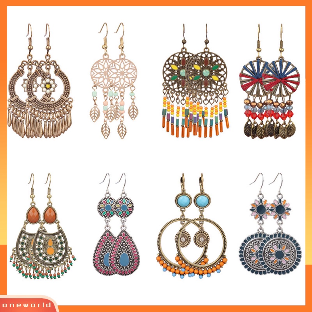 {oneworld} 1pasang Manik-Manik Multicolor Shiny Drop Earrings Bohemian Hollow Vintage Hook Earrings Perhiasan Pesta