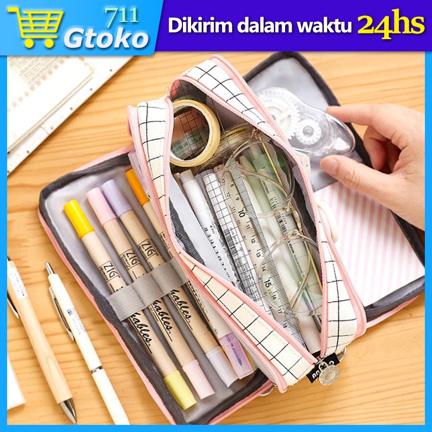 

Large Capacity Kotak Tempat Pensil Pene Kanvas Aesthetic Plaid Canvas Pencil Case