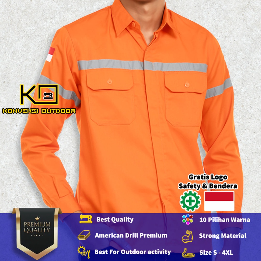 KEMEJA WEARPACK BAJU SAFETY K3 OUTDOOR INDOOR - Seragam Kemeja Kerja Lapangan Lengan Panjang Proyek Bangunan Tambang Alat Berat PLN Enginer Instalasi Mesin werpek sefti Scotlit Warna Orange Konveksi Outdoor