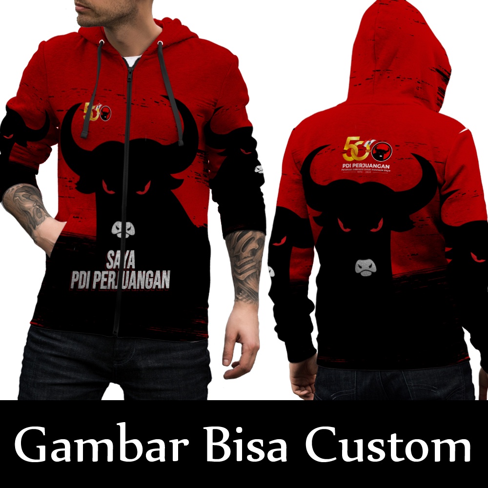Jual Jaket Pdip || Jaket Pria Partai Pdip Fullprint || Jaket Hoodie Zipper Custom Perjuangan Pdip ||