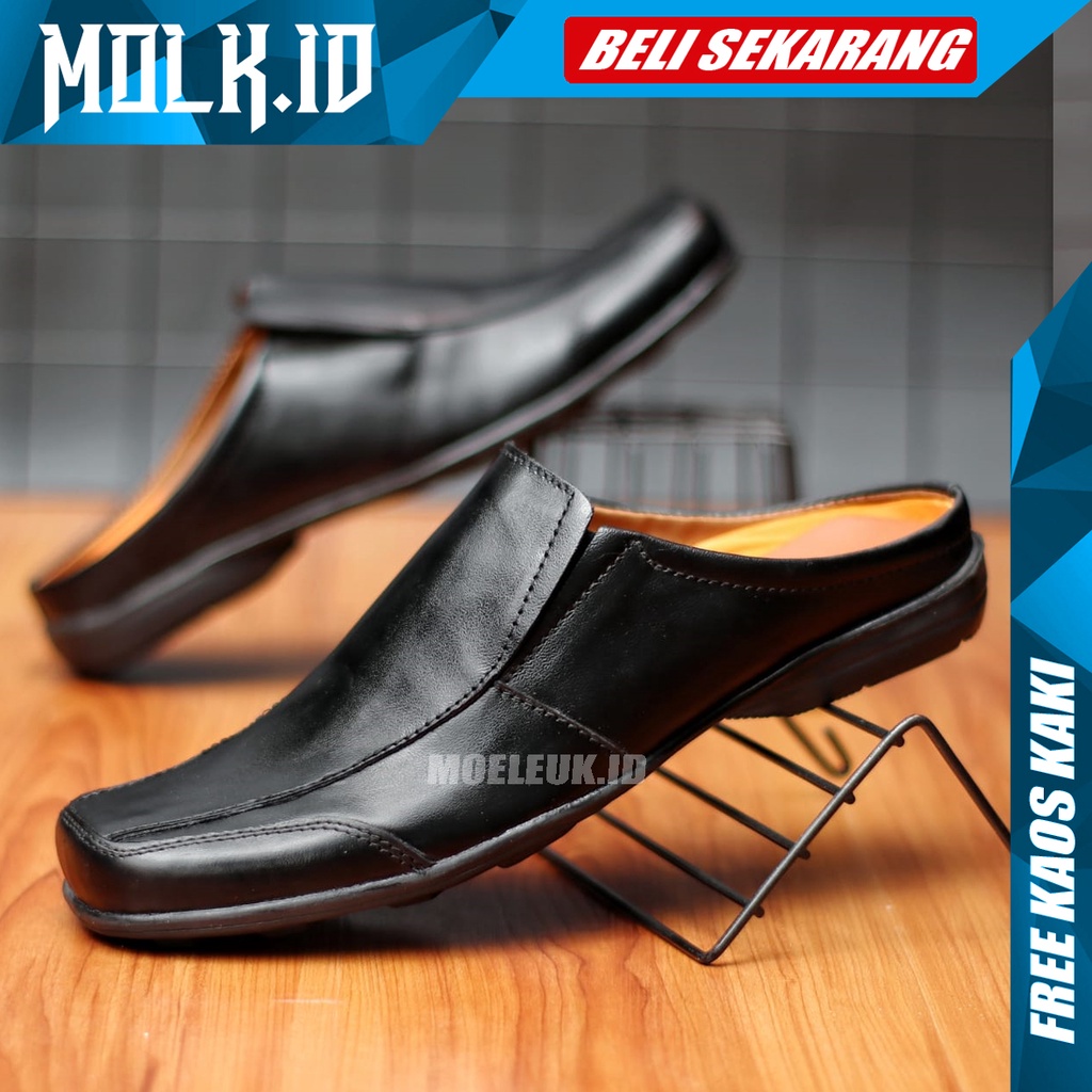 MOLK Sandal Pria Dewasa Kulit Asli Original Sendal Slop Cowok Casual Selop Hitam Simple Murah Tutong Bustong