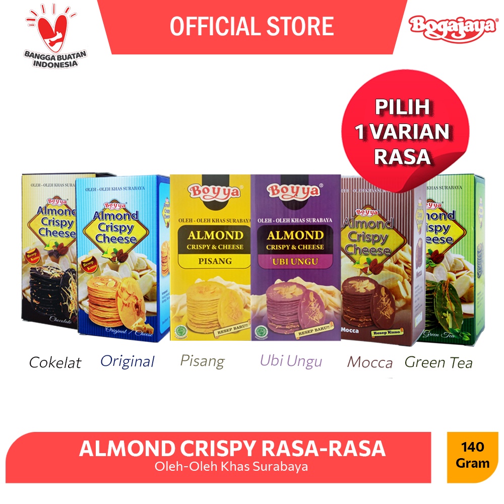 

ALMOND CRISPY CHEESE BOYYA 140 GR 1 PCS (PILIH RASA ORIGINAL/COKLAT/GREEN TEA/MOCCA/UBI UNGU/PISANG)