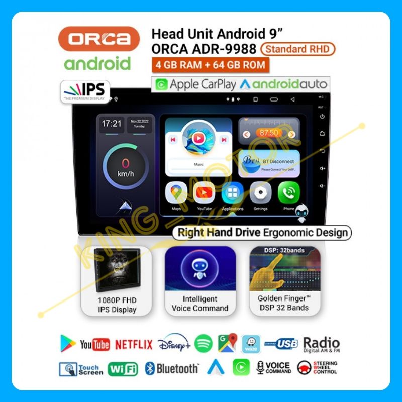 Head Unit Android 9 Inch / 10 Inch ORCA ADR-9988 New Standard Android Auto - Apple CarPlay