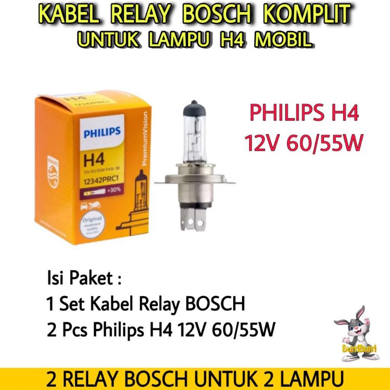 Kabel Relay BOSCH Komplit Lampu Philips H4 Mobil - 2 RELAY 2 Lampu Original (2R)