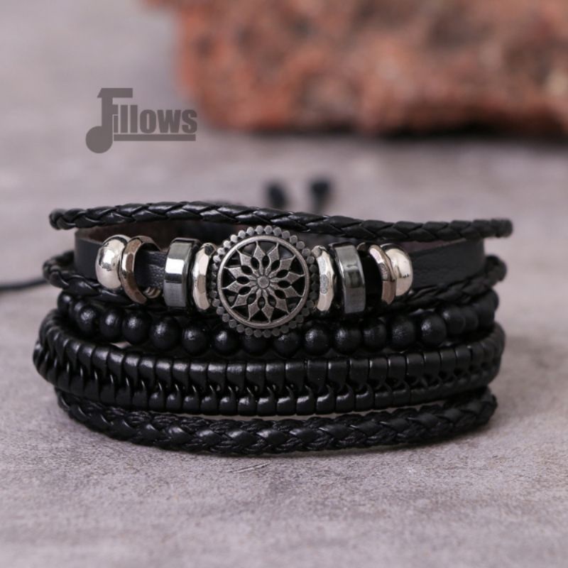 4 Pcs Gelang Set Kulit Model Matahari Vintage Style | Gelang Kulit Set Pria Isi 4 Pcs