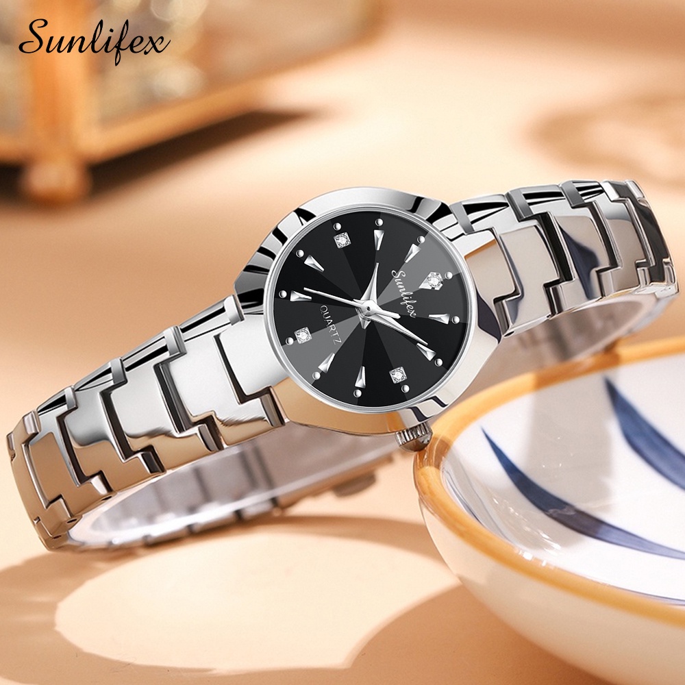 Sunlifex 9090 Jam Tangan Wanita Original Berlian Anti Air Kuarsa Bisnis Santai Wanita Jam Tangan Cewek (Kotak Gratis)-Perak