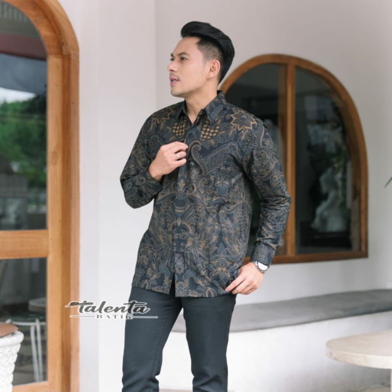 Batik kemeja pria ekslusif bahan katun halus baturaden size reguler pisang bali hitam denim