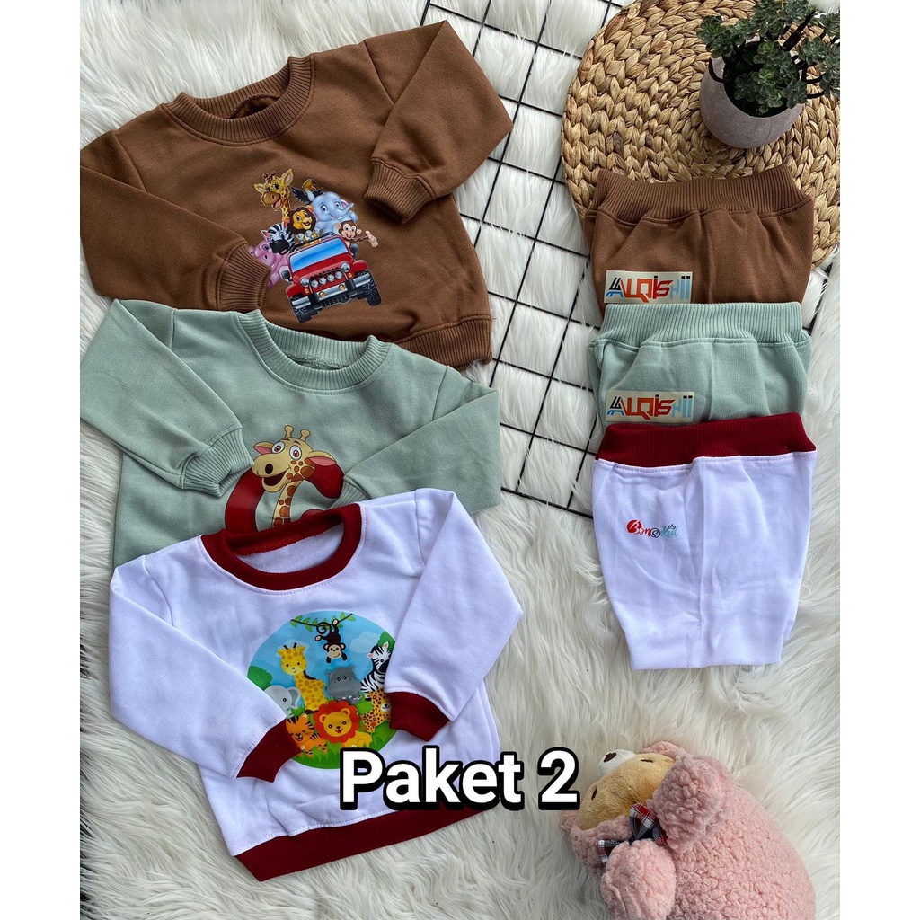 PAKETAN  HEMAT stelan sweater fleece SABLON PRESS DTF 3D laki laki perempuan lucu murah ALQSHII 3-12 bulan