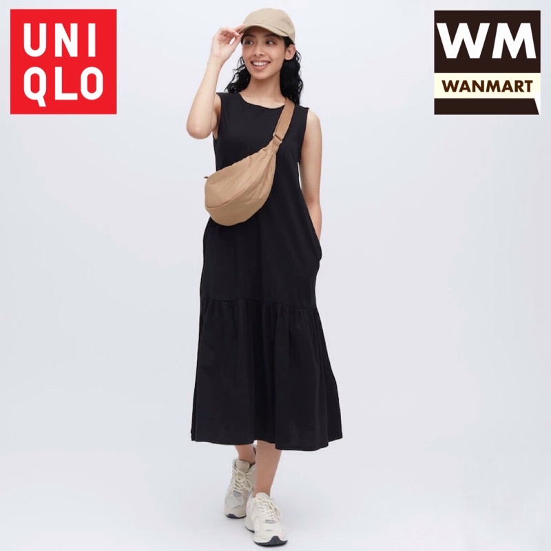 UNIQLO Women Tiered Dress Gaun Panjang Wanita Katun Lembut Panel Black