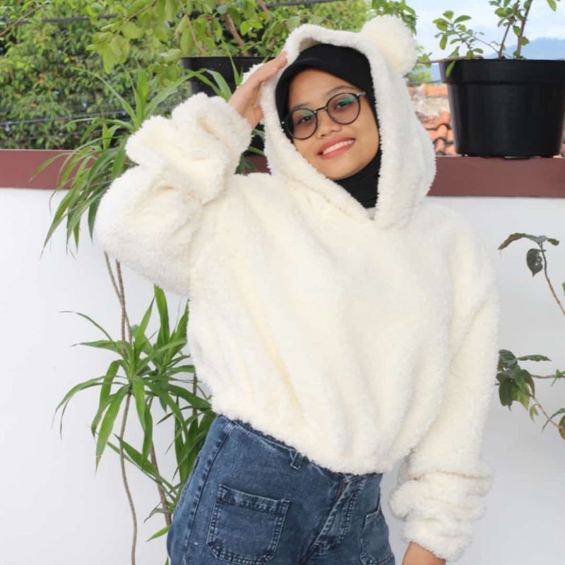 PDF Jaket Hoodie Cropped Kuping Beruang Jaket Wanita Hoodie Wanita Oversize Bahan Bulu Domba