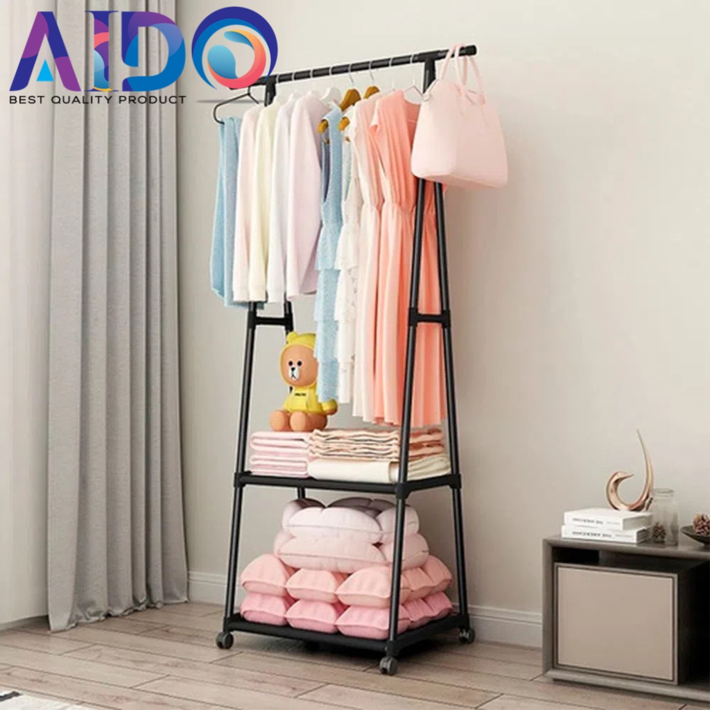 AIDO TRIANGLE STAND HANGER - GANTUNGAN PAKAIAN TIANG BERDIRI DENGAN 4 RODA RAK BAJU BUKU SERBAGUNA Sederhana Segitiga Rak Stainless Steel Dirakit Penyimpanan Pemegang Bergerak Lemari Furniture Gantungan Pakaian