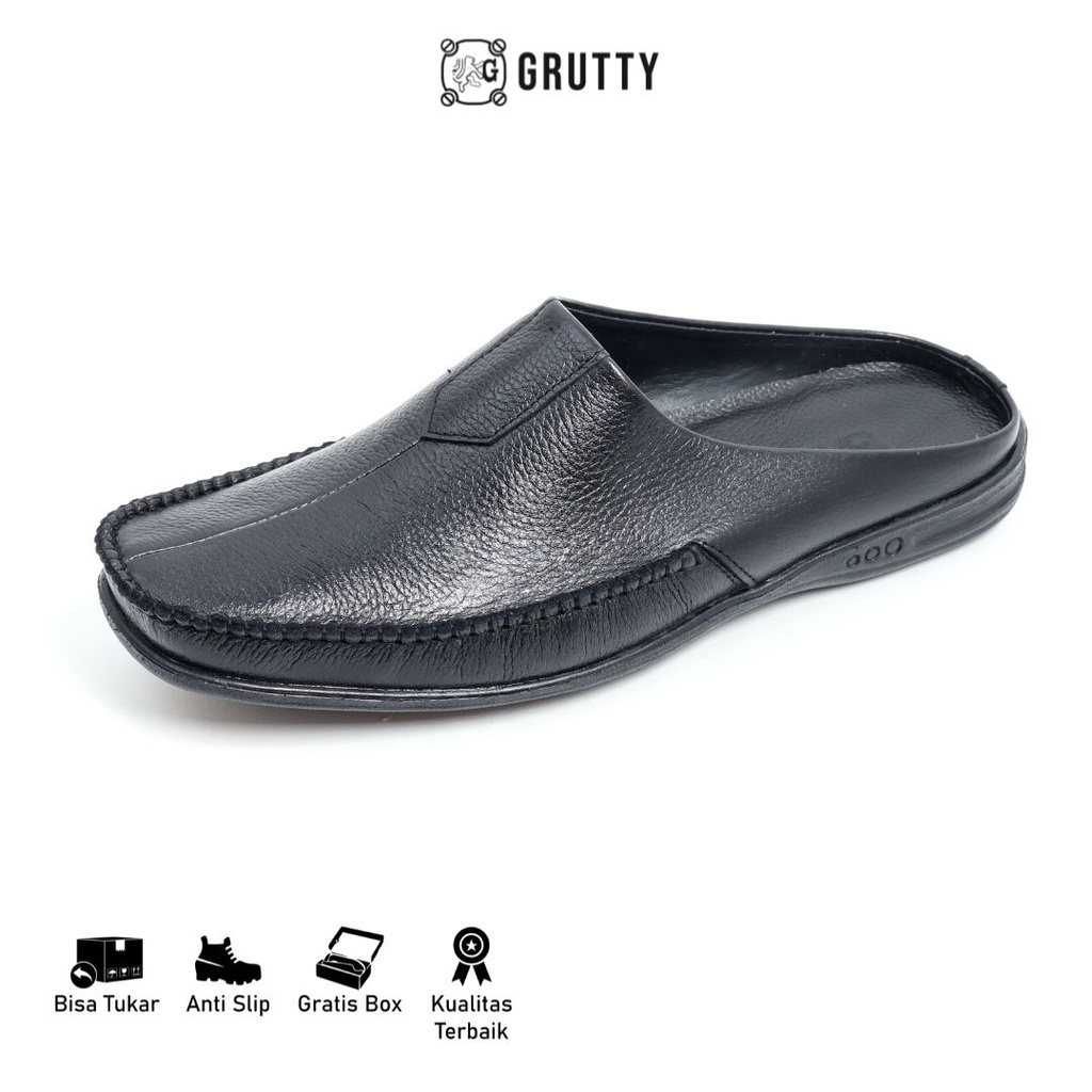 Sepatu Sandal Pria Grutty DC021 Hitam Bustong Pria Sepatu slip on selop Kulit Asli