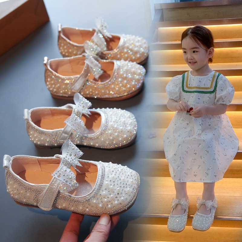 SH2264 Bisa COD Sepatu Flatshoes pesta anak Sepatu anak perempuan 2022 musim semi SIZE 21-35 mode baru berlian imitasi mutiara gadis kecil sepatu kulit putri ikatan simpul lucu trendi