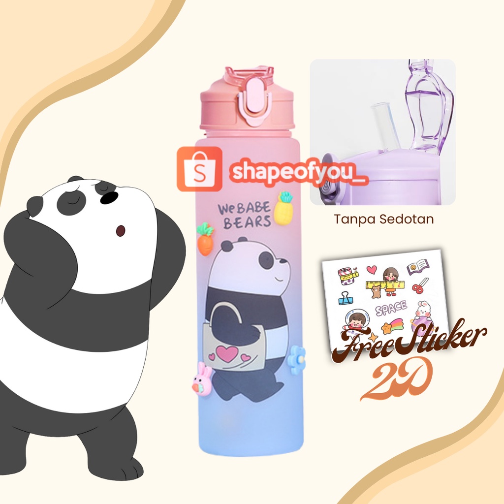 Botol Minum Rainbow Karakter We Babe Bears 850ml Sedotan Tali Strap Freee Sticker