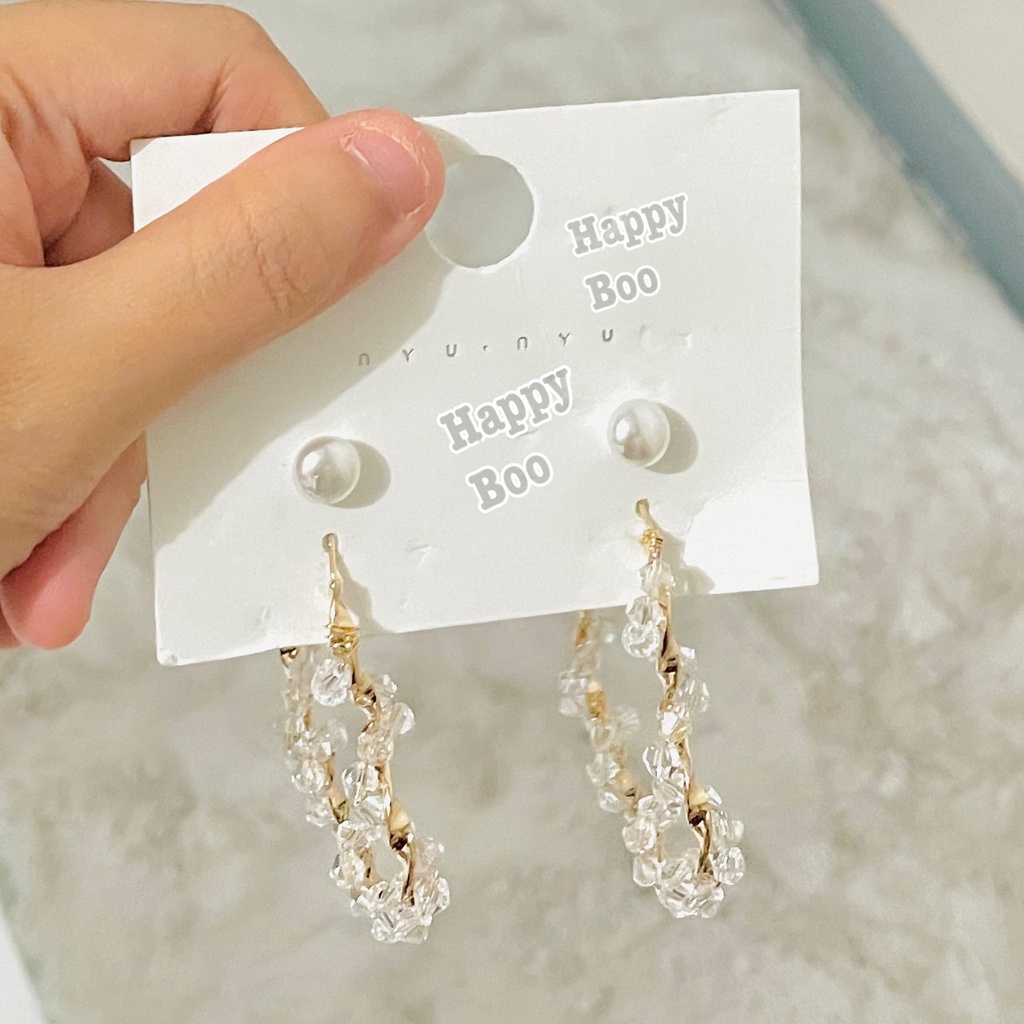 anting set 2 pasang ring crystal love + mutiara 2lv stainless titanium