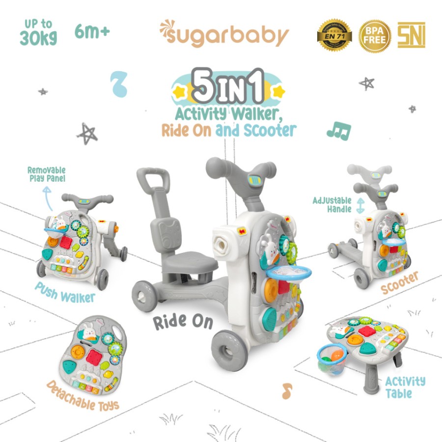 Sugarbaby 5in1 Activity Walker Ride-On and Scooter Push walker bayi - abu walker, 5IN1 sugarbaby
