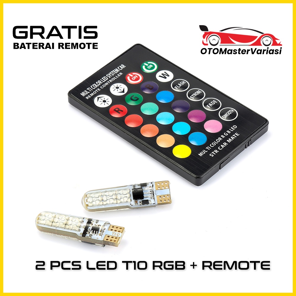 Lampu LED T10 RGB 16 Warna PLUS REMOTE Sepasang LED Senja Rem Sen Mobil Motor T10 Remot Bisa Ganti Warna