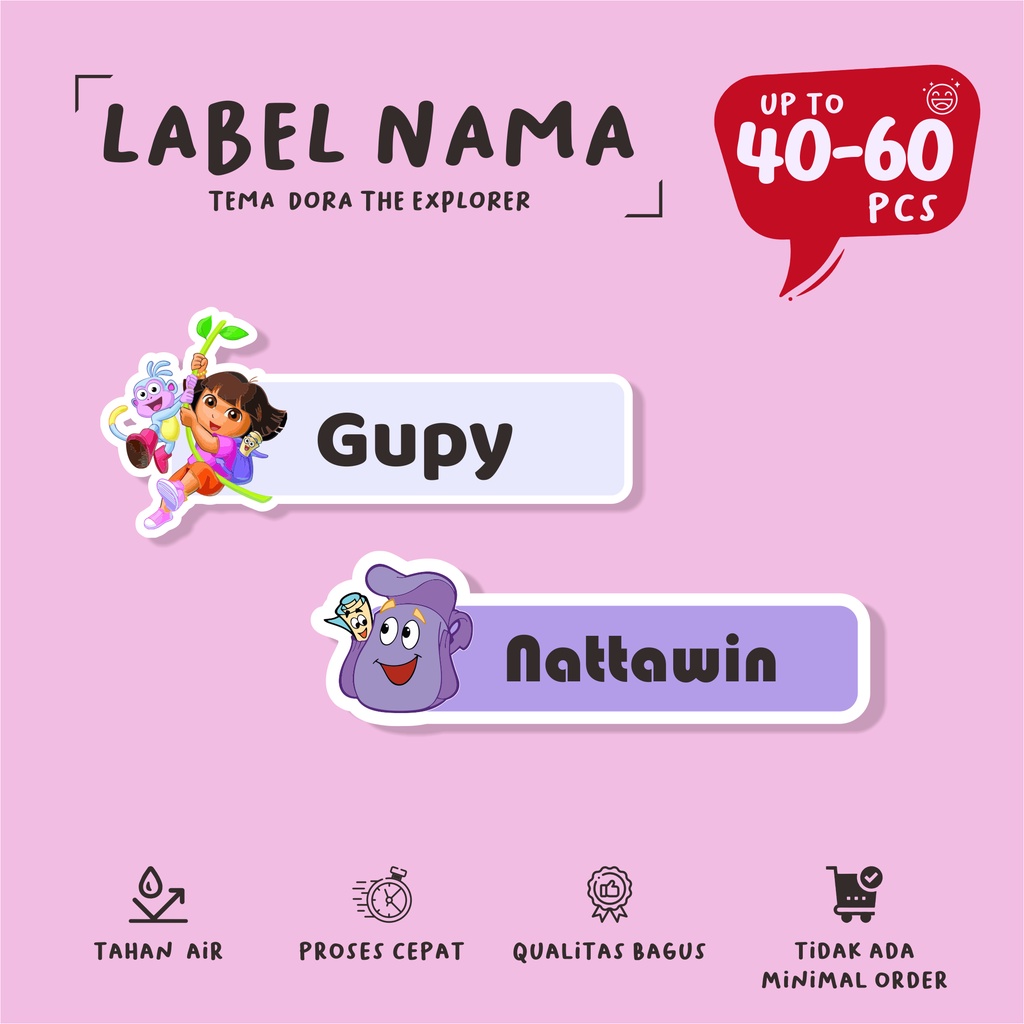 

( 40 - 60 pcs ) cetak stiker anti air tema DORA THE EXPLORER/murah/custom label nama/cetak label murah