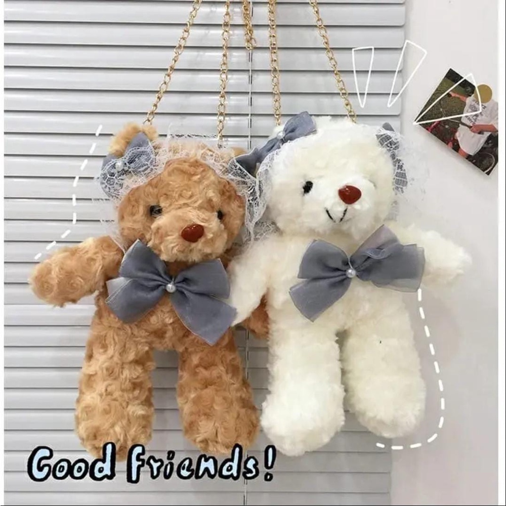 Tas Selempang Bear Boneka Beruang Bulu Slingbag Wanita Teddy Bear Korea Lucu tali rantai