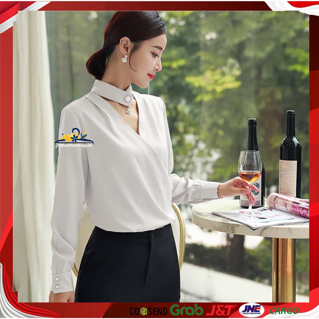 JCCollections Blouse Korea Style Satin Velvet leher tinggi Wanita Gaya Korea Lengan Panjang Minna