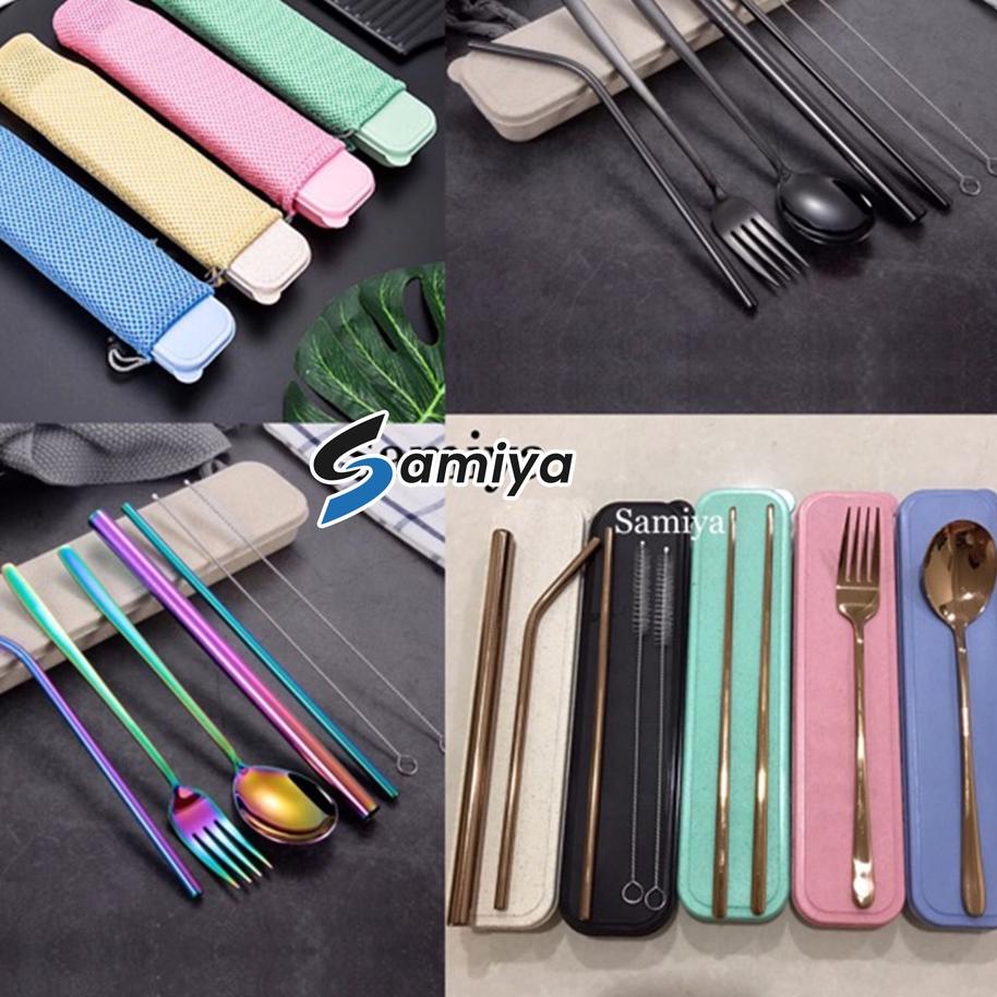

☟ Paket lengkap sedotan stainless sendok garpu korea set / cutlery set / souvenir set / paket hampers ☜