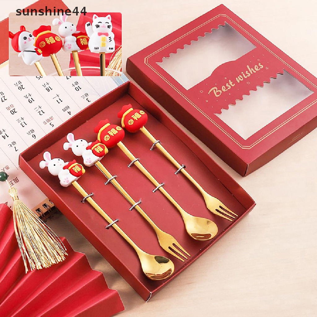 Sunshine Hadiah Imlek Sendok Garpu Kelinci Sendok Garpu Set Zodiak Dessert Spoon.