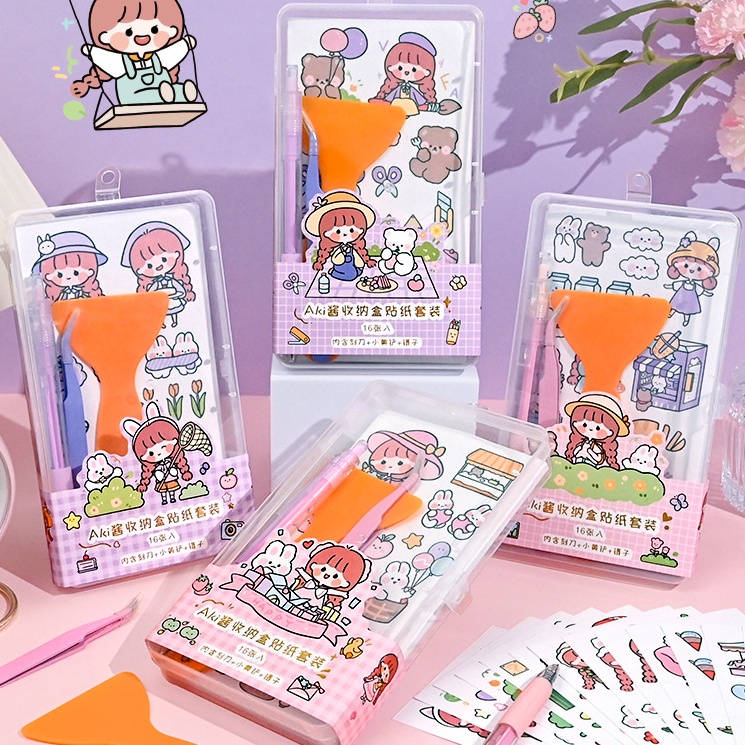 Lucu Stiker Set Alat Gadis Hadiah 19 Pcs DIY Tangan Bahan Akun Dengan Penjepit Ukir Pisau Sekop Diary Scrapbook Siswa Dekorasi Alat Kotak Penyimpanan