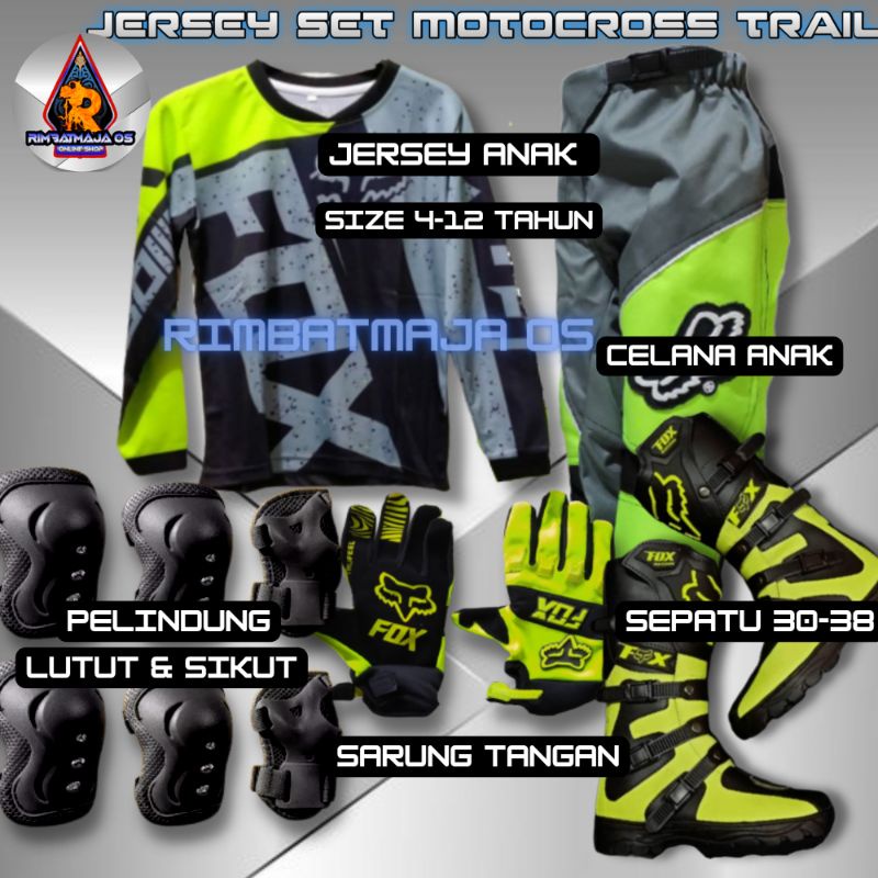 Satu Set Jersey motor trail anak motocross 4 sampai 12 tahun celana Sepatu glove dan deker anak/sete