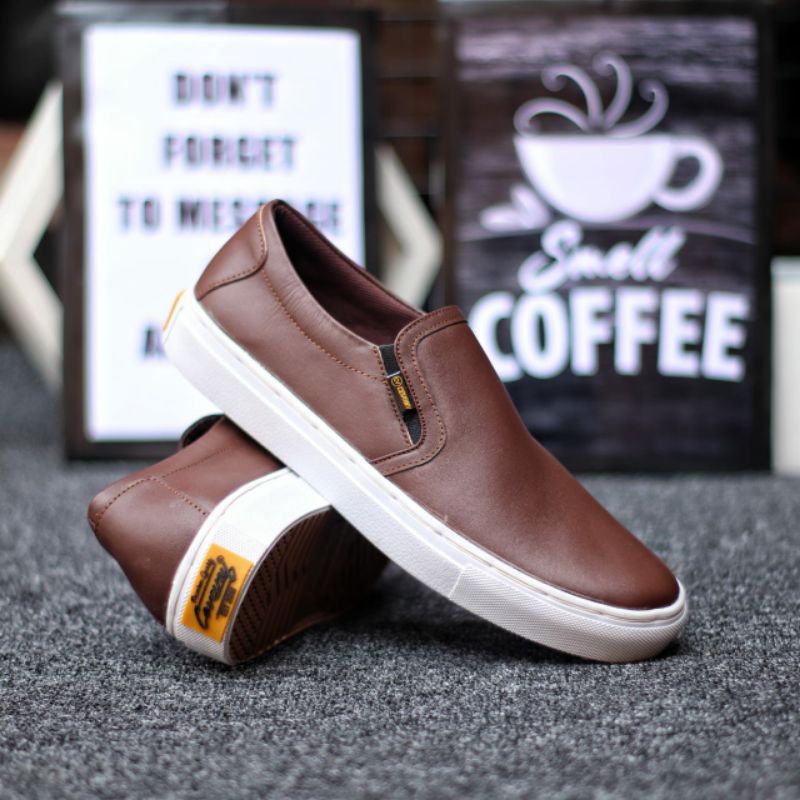 Sepatu Casual Pria Sneakers Tanpa Tali Slip On Kulit Asli Slop Santai Main Kerja Kuliah Murah